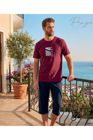 Pijamerry Erkek Bisiklet Yaka Kısa Kol Kapri Pijama Takımı 8012 - 1 Adet Bordo