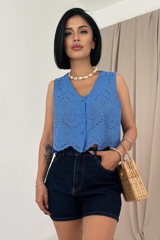 Tanla Butik Mavi Sıfır Kol Brode Bluz Mavi