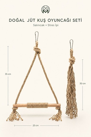 2 Li Doğal Jüt Kuş Oyuncağı Seti Ahşap Salıncak Ve Stres İpi Papa