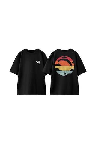 Thewert Vintage Yamaç Paraşütü Tasarım Sırt Baskılı Pamuk Siyah Oversize T-shirt
