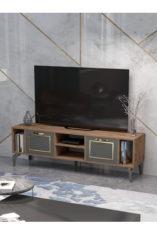 Tv Sehpası 160 Cm Modern Çok Amaçlı Dolaplı Raflı Televizyon Ünitesi Linya Gold Antrasit Ceviz