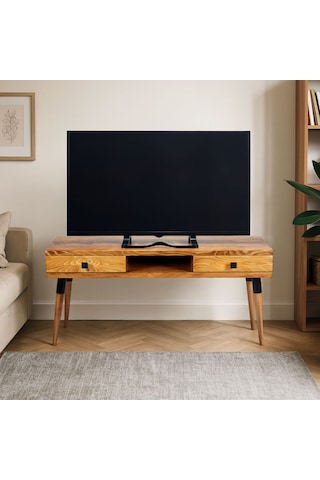 Masif Ahşap Tv Ünitesi 120 Cm İskandinav Stil, Doğal, 2 Çekmeceli Ve 1 Raflı Modest Tv-120 Tk Ahşap Rengi