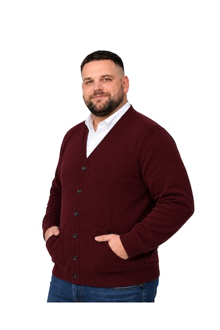 Battalmoda Erkek Büyük Beden Bordo Cepli Düğmeli Triko Hırka 3xl-4xl-5xl-6xl