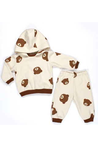 Ayıcık Desenli Kapüşonlu Bebek Alt Üst Takım Bej - Kahverengi