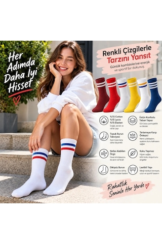 Storeşahin Unisex Renkli Çorap Çizgili 6'lı Set Uzun Soket Günlük Spor Kolej Stil Rahat Şık Kadın Erkek Çorabı Shn0720 Çok Renkli
