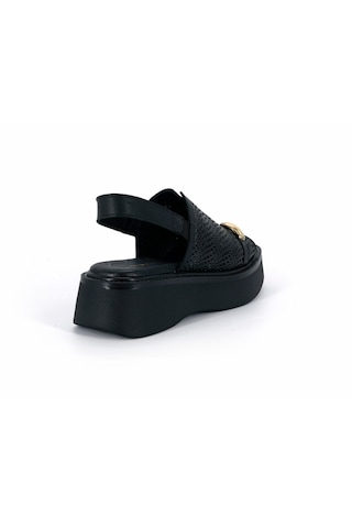 Mammamia D26ys-2920 Beyaz Hakiki Deri Lastikli Kalın Taban 3cm Topuk 5cm Kadın Sandalet Siyah