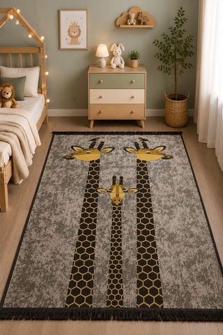 Lorvian Noletti Çocuk Odası Kilimi Pamuklu Zürafa Desenli Makinede Yıkanabilir Uygun Kilim Evm26829a Renkli