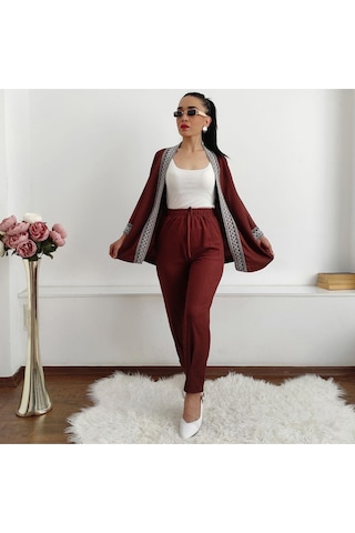İpli Dar Nakışlı Kimono Takımı Siyah