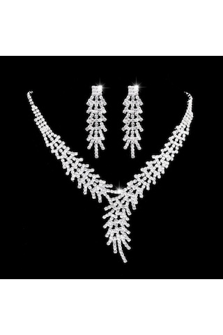 Ehediye Chavin Düğün Nişan Kına Damla Taşlı Kadın Kolye Küpe Set Eg89 Beyaz