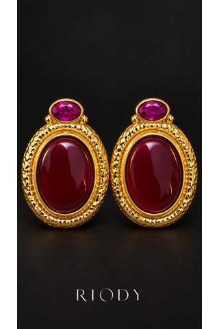 Riody Rubis Velours Gold Renkli Bordo Fuşya Oval Taş Görünümlü Çelik Kadın Küpe