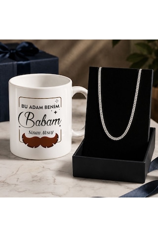 Bk Gift Kişiye Özel Babalar Günü Tasarımlı Beyaz Kupa & Sık Gurmet Zincir Kolye -6, Babalar Günü Hediyesi Gümüş
