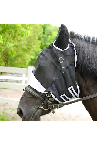 Elmpaly Siyah M Büyük At Sinek Maskesi, Delikli Kulaklıklı Konforlu Sökülebilir Atçılık Ekipmanları