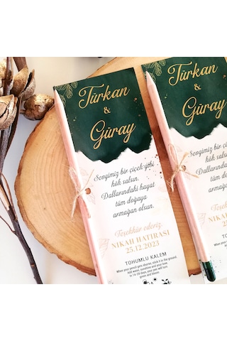 Yeşil Gold Detaylı Söz Nişan Nikah Hediye Tohumlu Kalem 30 Adet