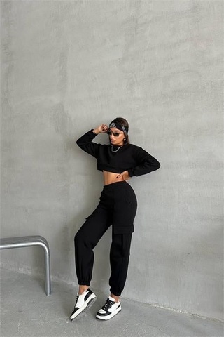 Dip Moda Kadın Bisiklet Yaka Crop Eşofman Takımı Dpnbg041 Siyah