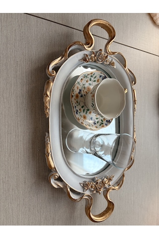 Küçük Oval Aynalı Dekoratif Tepsi Beyaz Altın Varak Eskitme Kulplu Gül Kabartmalı Sunum Tepsisi