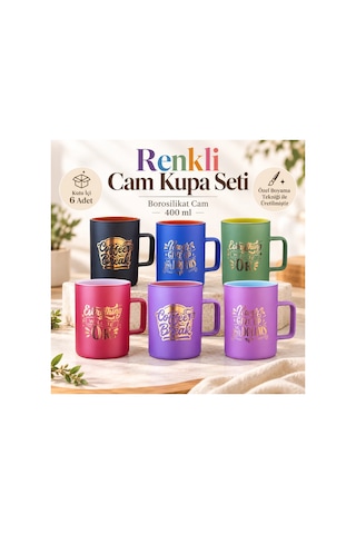 6 Lı Renkli Borosilikat Cam Kupa Seti 400 Ml Özel Boyama Desenli Cam Bardak Çok Renkli