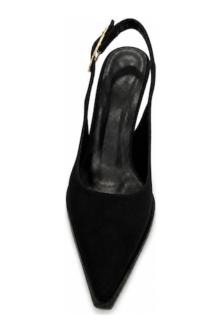 Papucumun Dünyası Siyah Slingback Sivri Burun Topukta Gold Metal Detaylı Ayarlanabilir Arka Tokalı Stiletto