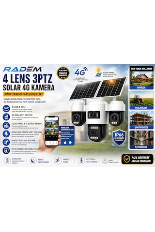 Radem Rd-104 4 Lens 3ptz Solar 4g Güvenlik Kamerası - 16000 Mah Batarya, Çift Yönlü Ses, Renkli Gece Görüşü & Ip66