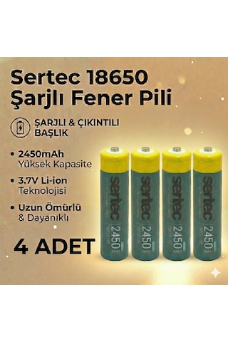 Sertec 18650 1c Şarjlı Pil 2450mah Çıkıntılı Başlıklı Fener Pili 3.7v Li-ion 4lü