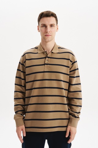 AR-MA Arma Erkek Büyük Beden Çizgili %100 Pamuk Ringel Ottoman Kumaş Polo Yaka Ribanalı Sweatshirt K30554801602 Gri