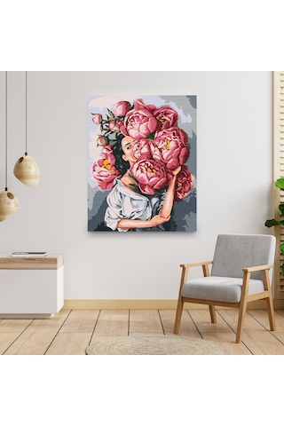 Sayılarla Boyama Seti 40 x 50 CM Tuval Şasesine Gerili Çiçekli Kadın