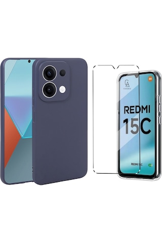 Xiaomi Redmi 15c İle Uyumlu Kılıf Soft Yumuşak Telefon Kılıfı Ve Temperli Cam Ekran Koruyucu Lacivert