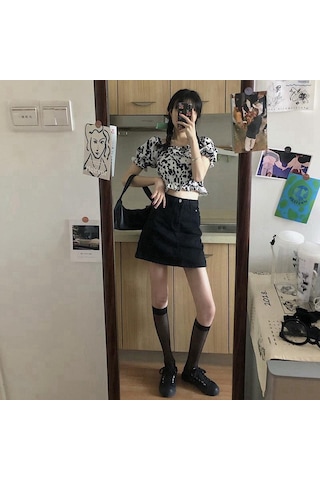 Siyah&gri Yaz Retro Basit Yüksek Bel Kot Etek Kadın Evaze Elbise Moda Yarım Uzunlukta Rahat Kısa Kot Pantolon Etek Siyah - Gri