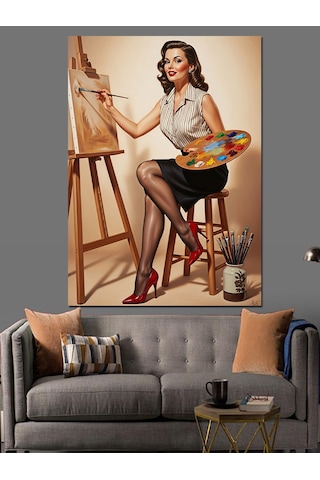 Şövalede Resim Yapan Retro Ressam Kadın Dekoratif Kanvas - Mdf Ahşap Tablo