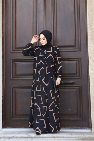Hira Life Fashion Kadın Tesettür Mevsimlik Beli Kuşaklı Dokuma Viskon Elbise Siyah-vizon Siyah-vizon