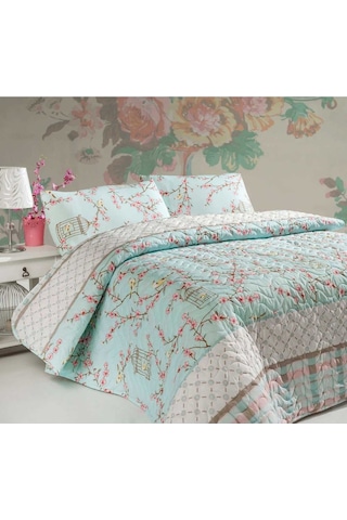 Eponj Home Kapitone Yatak Örtüsü Seti Çift Kişilik Birdcage Turkuaz