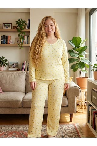 Büyük Beden Yumuşak Tuşeli Uzun Kol Likralı Pijama Takımı Sarı