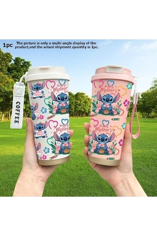 Trendooze Gaojunshop01 Disney Stitch 18oz Çift Katlı Vakumlu Paslanmaz Çelik Termos, Unik Tasarım Pembe Pembe