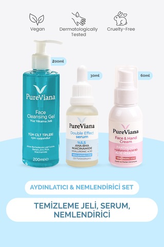 Pureviana Aydınlatıcı & Nemlendirici Cilt Bakım Seti 3 Lü Temizleme, Serum, Nemlendirici