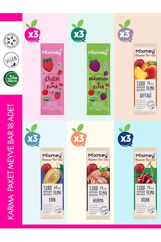 Mixmey Karma 3 Meyve Bar 18 Adet | Sağlıklı Atıştırmalıklar – Vegan, Glutensiz, Koruyucusuz 20gr X 18 Adet