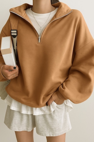 Ghassy Co. Kadın Pamuklu Oversize Silver Yarım Fermuarlı Sweatshirt Tarçın