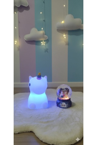2 Li Sevgiliye Romantik Hediye Seti Unicorn Çok Renkli Led Gece Lambası Ve 9 Cm Mor Kar Küresi Seti Set
