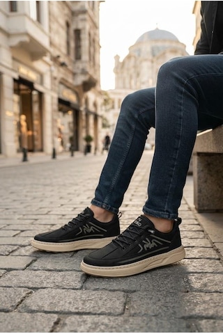 Fort Kelvın Noka Rahat Hafif Lastik Bağcıklı Keten Sneaker Erkek Ayakkabı Siyah