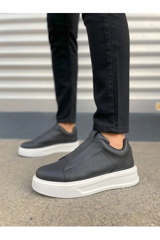 Mevese Torino Erkek Bağcıksız Cilt Günlük Sneaker Ayakkabı Ortopedik Kalın Taban Siyah