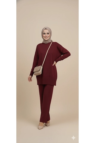 Triko Tunik Pantolon Tesettür Takım Bordo