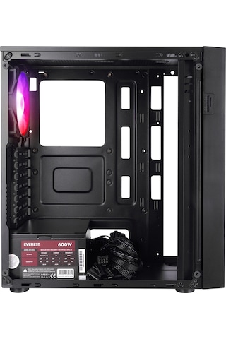 Everest Faced V5 600 W 4x12 CM RGB Fan ATX Temper Camlı Mid Tower Oyuncu Kasası Siyah