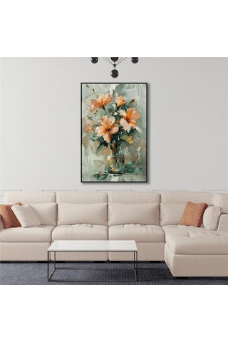 Yağlı Boya Dokulu Tablo Vazoda Modern Çiçekler Siyah Çerçeveli U02055-178908