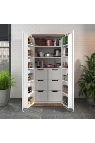 90 Derece Açılabilir 2 Kapaklı, 6 Çekmeceli, Kavanoz Raflı Kiler Ve Erzak Mutfak Dolabı Atlantik Çam Beyaz