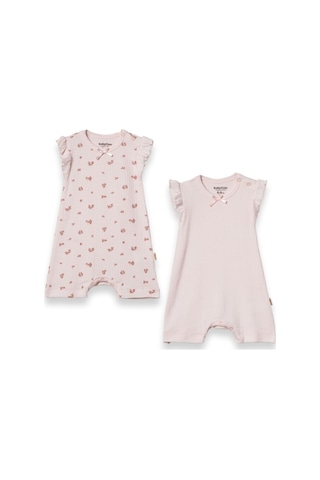 Babycosy Organic Wear %100 Organik Pamuk,2 Li Kız Bebek Tulum,fırfırlı Kısa Kol,yazlık Tulum Set,0-24 Ay,bebek Serisi Pembe