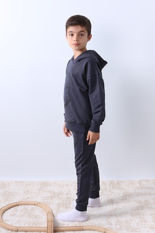 Erkek Çocuk Kapşonlu Eşofman Takımı Kurt Baskılı F10 Füme