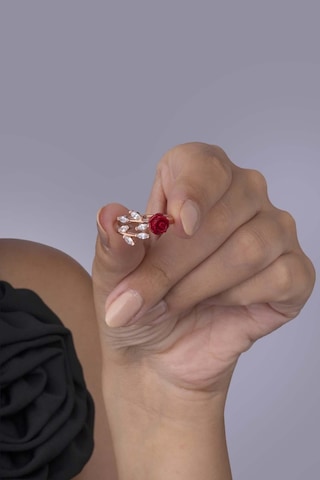 Gümüş Pazarım Yaprak Geçişli Kırmızı Gül 925 Ayar Gümüş Kadın Yüzük Altın - Gümüş