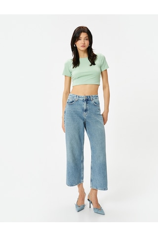 Koton Crop Tişört Bisiklet Yaka Kısa Kollu Slim Fit Yeşil 4sak50404ek Yeşil