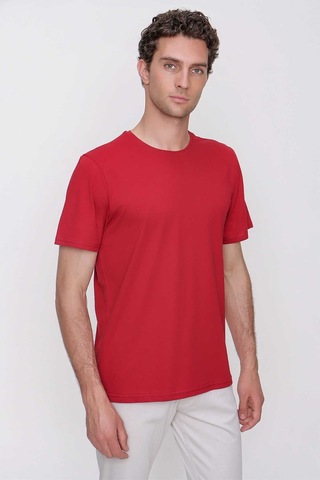 Erkek Bordo Basic Düz %100 Pamuk Bisiklet Yaka Slim Fit Dar Kesim Kısa Kollu Tişört Bordo