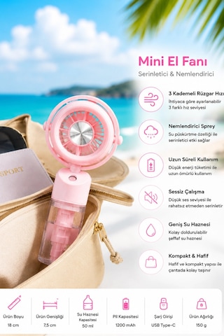 Glr K09 Pembe Şarjlı Sulu Mini Vantilatör 3 Kademeli Taşınabilir El Fanı, Nemlendiricili Buharlı Fa