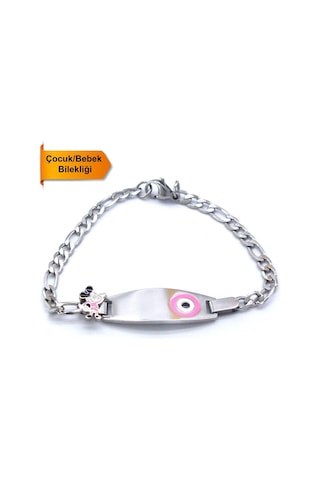 Bebek Bileklik Çelik Pembe Nazar Boncuklu Mickey Mouselu Blk-960 Gümüş