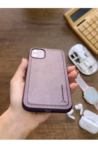 Apple iPhone 11 Uyumlu Premium Deri Dokulu Darbelere Karşı Dayanıklı Nazal Silikon Kılıf Mor